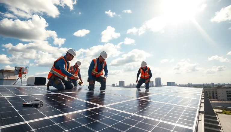 Photovoltaik Leads durch Solarinstallateure, die auf einem modernen Dach arbeiten