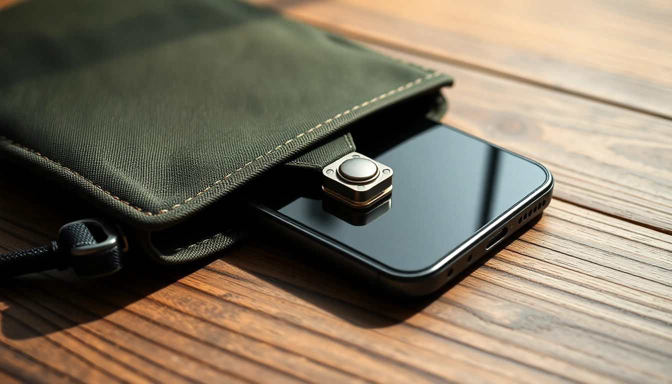 Handy Tasche abschließbar mit elegantem Design auf einem Holztablett, betont Sicherheit und Stil.