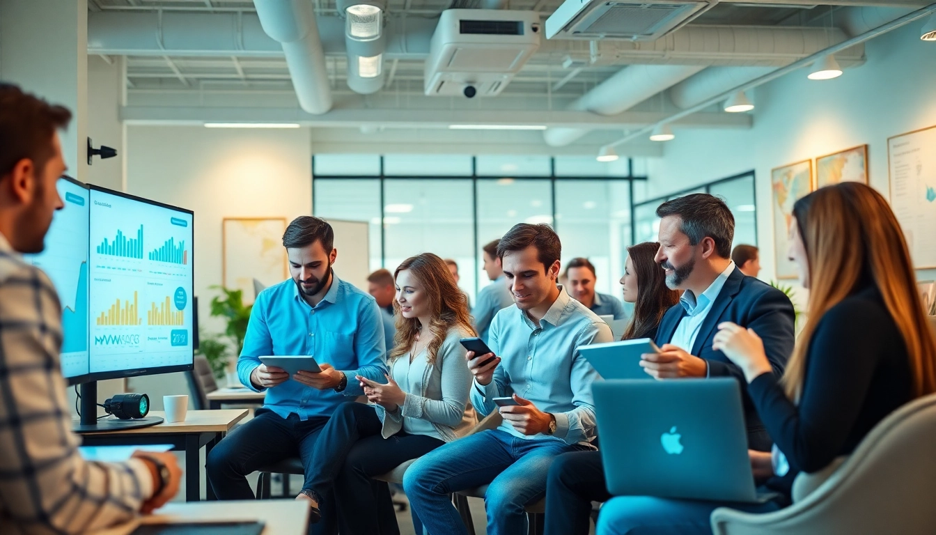 Ein kollaboratives Verkaufsteam in einem modernen Büro, das eine Fokusseite für Produktivität und Innovation präsentiert.