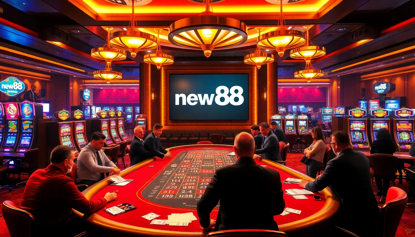 Experience the excitement of new88 đăng nhập while playing at a luxurious casino table surrounded by vibrant games and betting action.