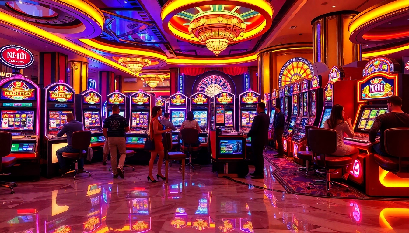 Engaged players spinning Nổ Hũ slot machines in a luxurious casino setting full of excitement.