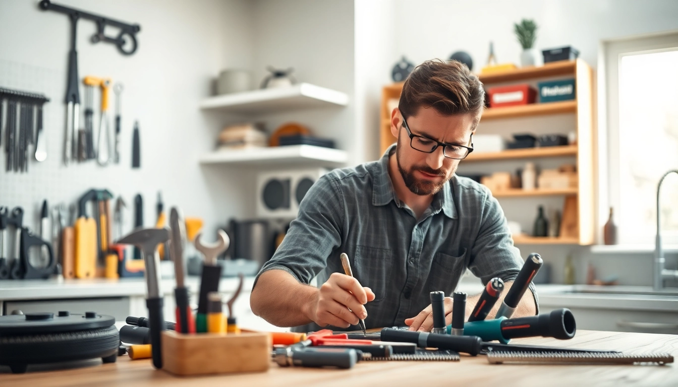 Handyman expertly fixing a kitchen in a bright, modern setting, emphasizing skillful work.