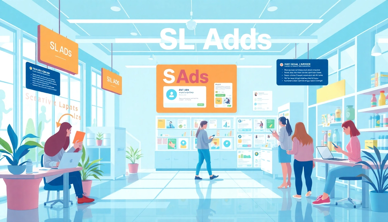 Dynamic scene showcasing SL Ads in a digital marketplace with people engaging and browsing listings.