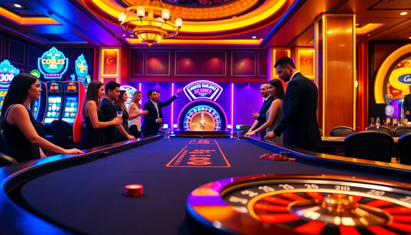 Players enjoying a thrilling game at the Go8 casino table amidst vibrant décor and lights.