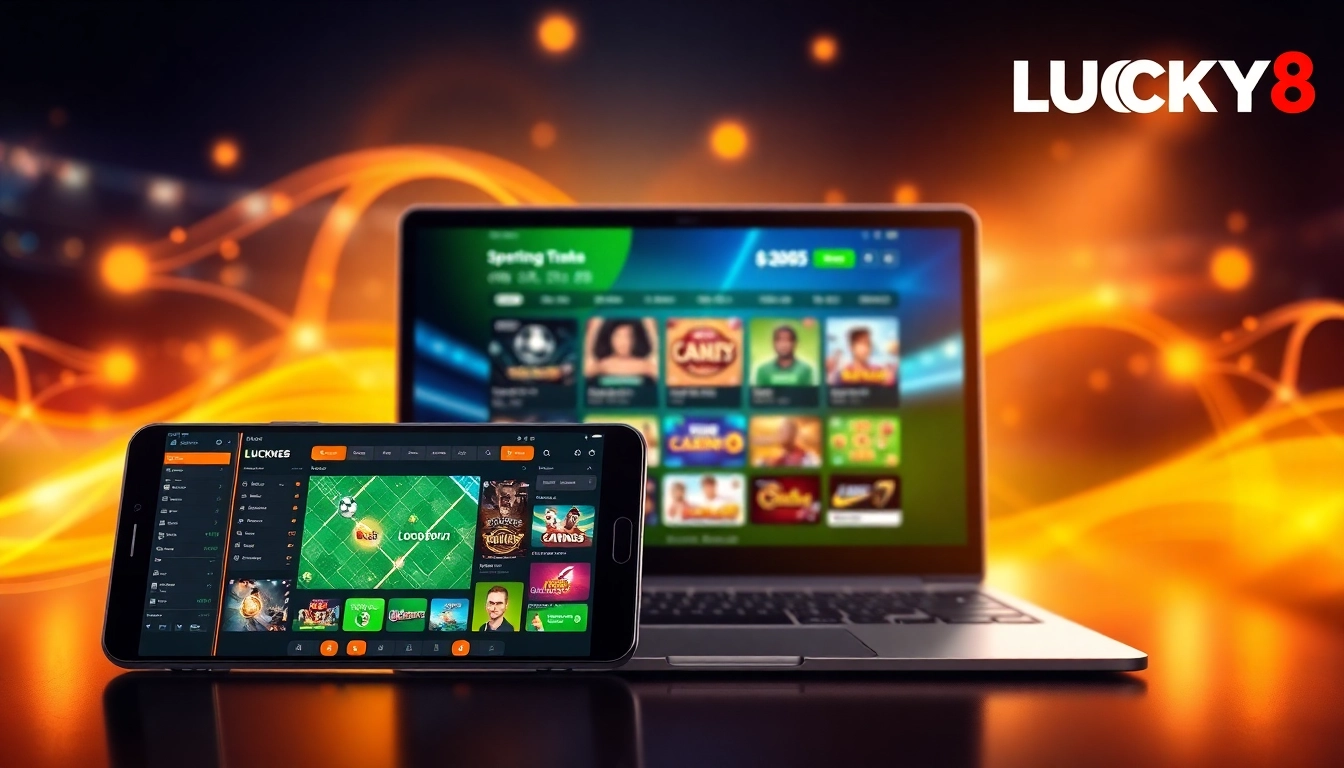 LUCKY8 gaming platform showcasing user-friendly interface across devices with vibrant graphics.