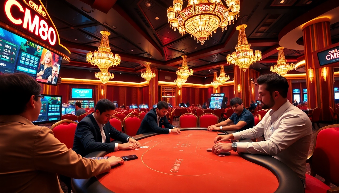 Intense poker game at a luxurious casino featuring CM88 branding and a vibrant atmosphere.