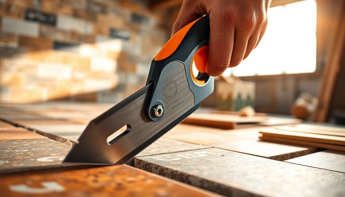 Präzise Fliesenmesser auf einer Baustelle zum Fliesen Schneiden.