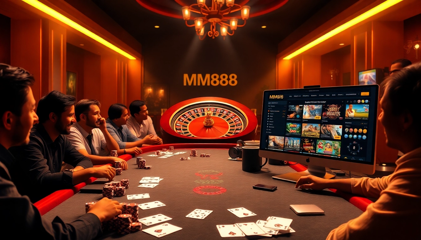 MM88 poker table scene showcasing vibrant chips and cards in a luxurious casino atmosphere.