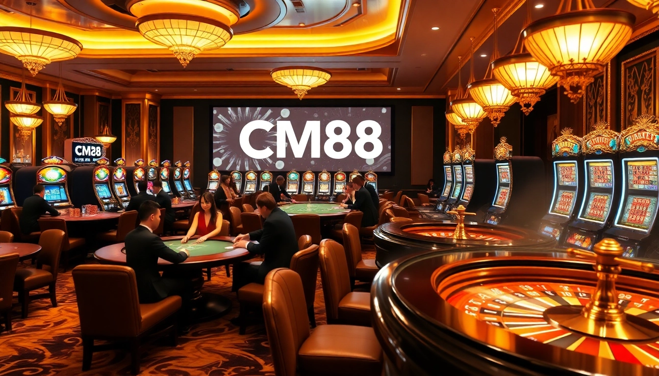 CM88 encourages players at a luxurious casino with vibrant slots and poker tables.