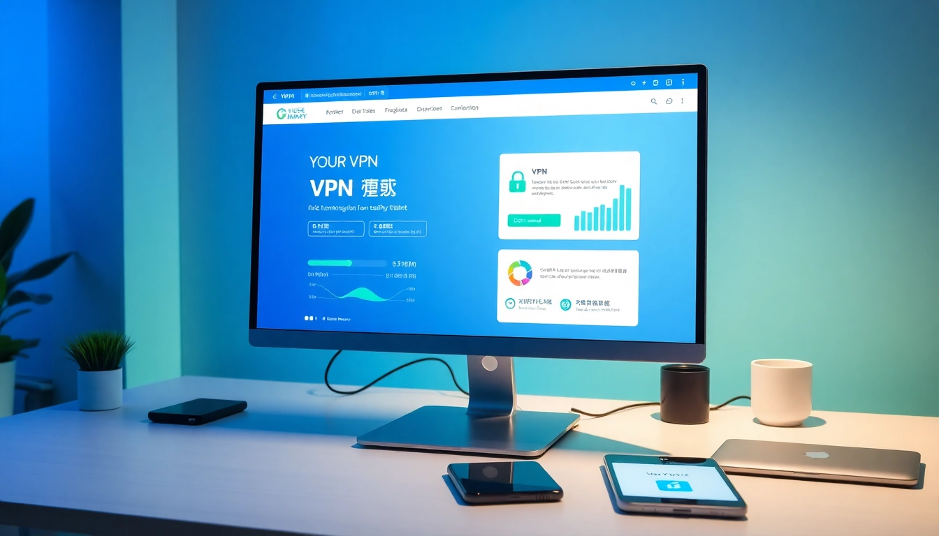 现代科技工作区的电脑屏幕上显示的快连下载界面，展示正在使用的 VPN 软件。