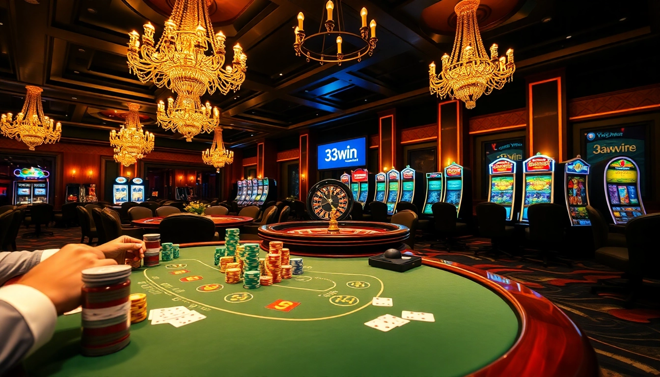 Players strategizing at a poker table in the vibrant 33win casino environment.