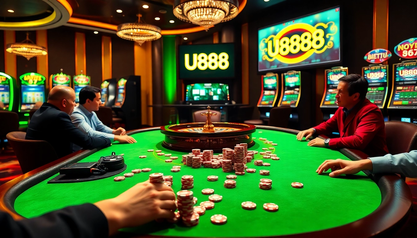 U888 casino players enjoying an exciting poker game at a luxurious table.