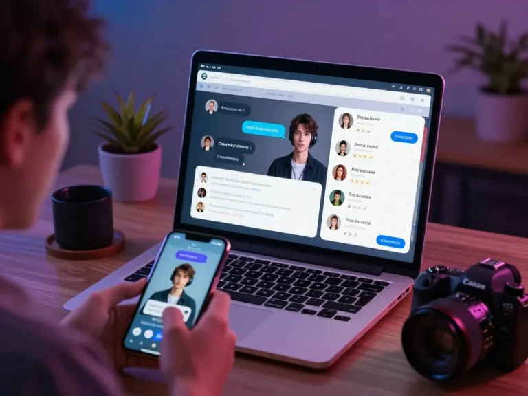 Engaging virtual chat scene illustrating porn chat AI interaction with colorful UI and modern setup.