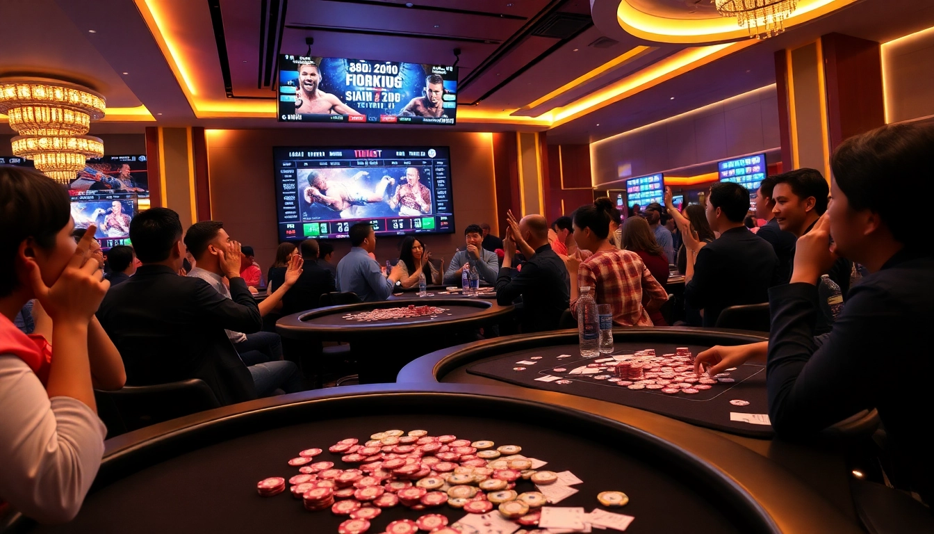 Engage in đá gà trực tiếp with thrilling live betting amidst a vibrant casino atmosphere featuring cheering fans and digital displays.