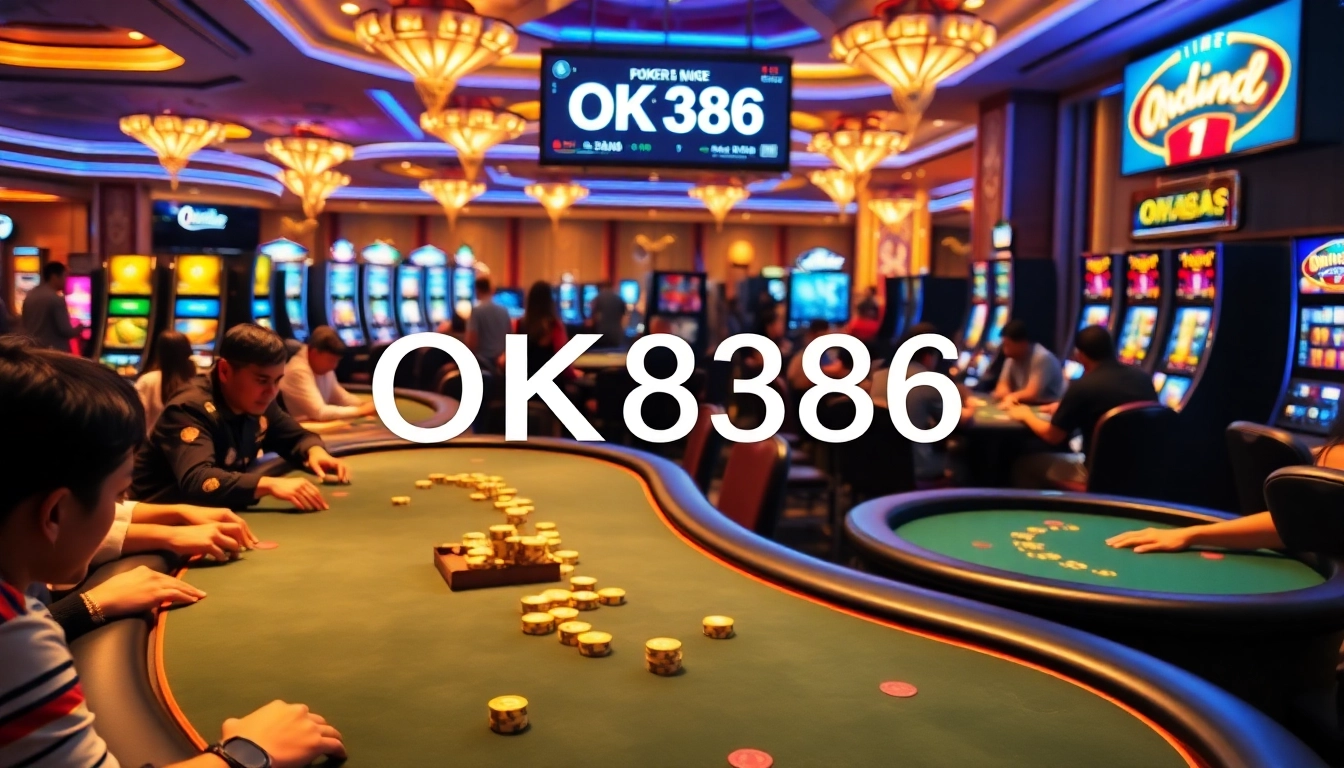 Players engaging in high-stakes poker at OK8386 casino with vibrant slot machines in the background.