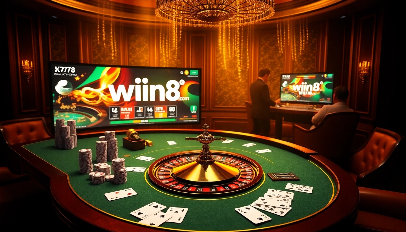 Experience the thrill of online gaming at win78.com with an exciting casino table scene, enriched by vibrant poker chips and roulette.