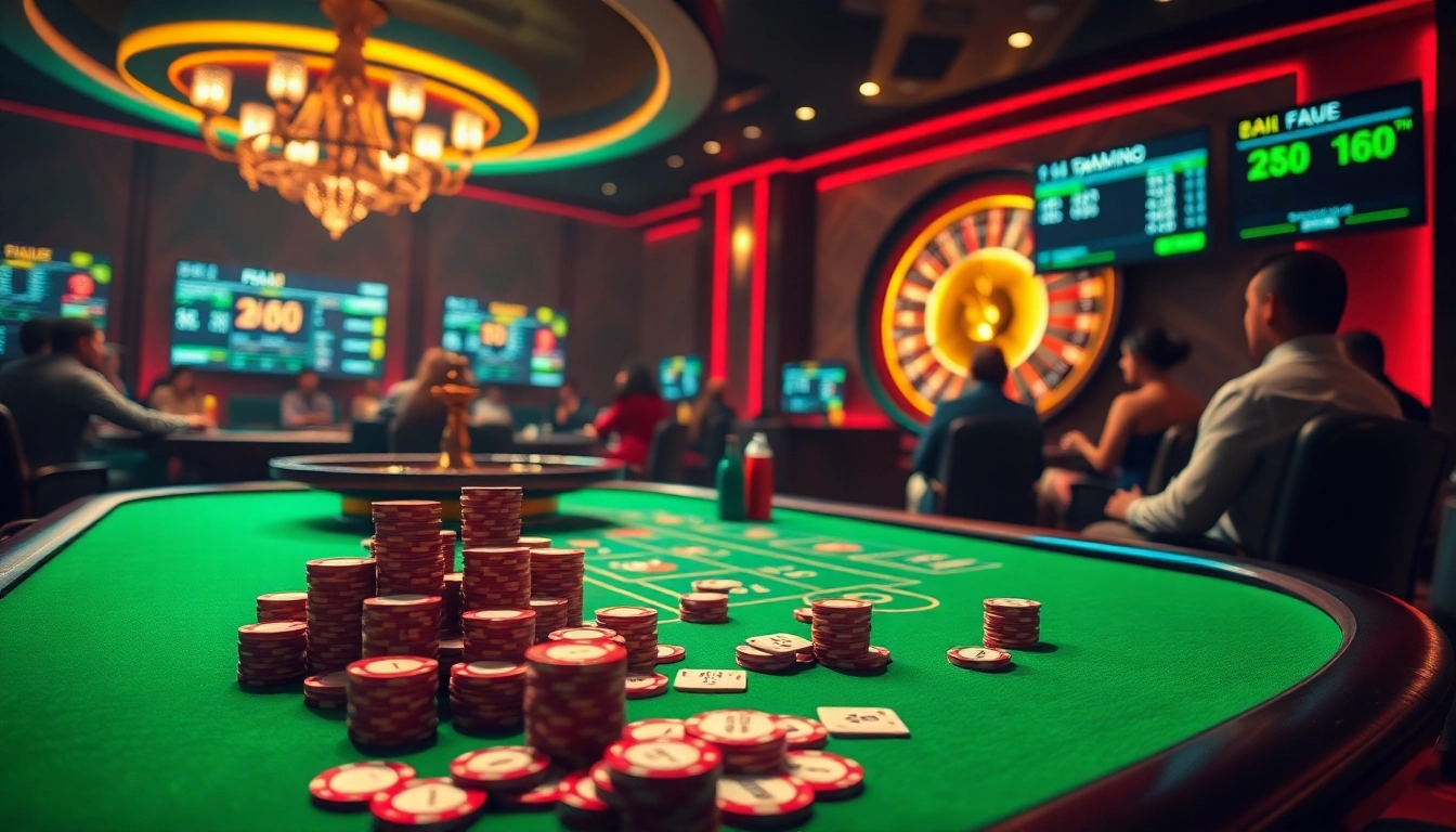 F168 players engaging at a lively casino table with cards and chips.