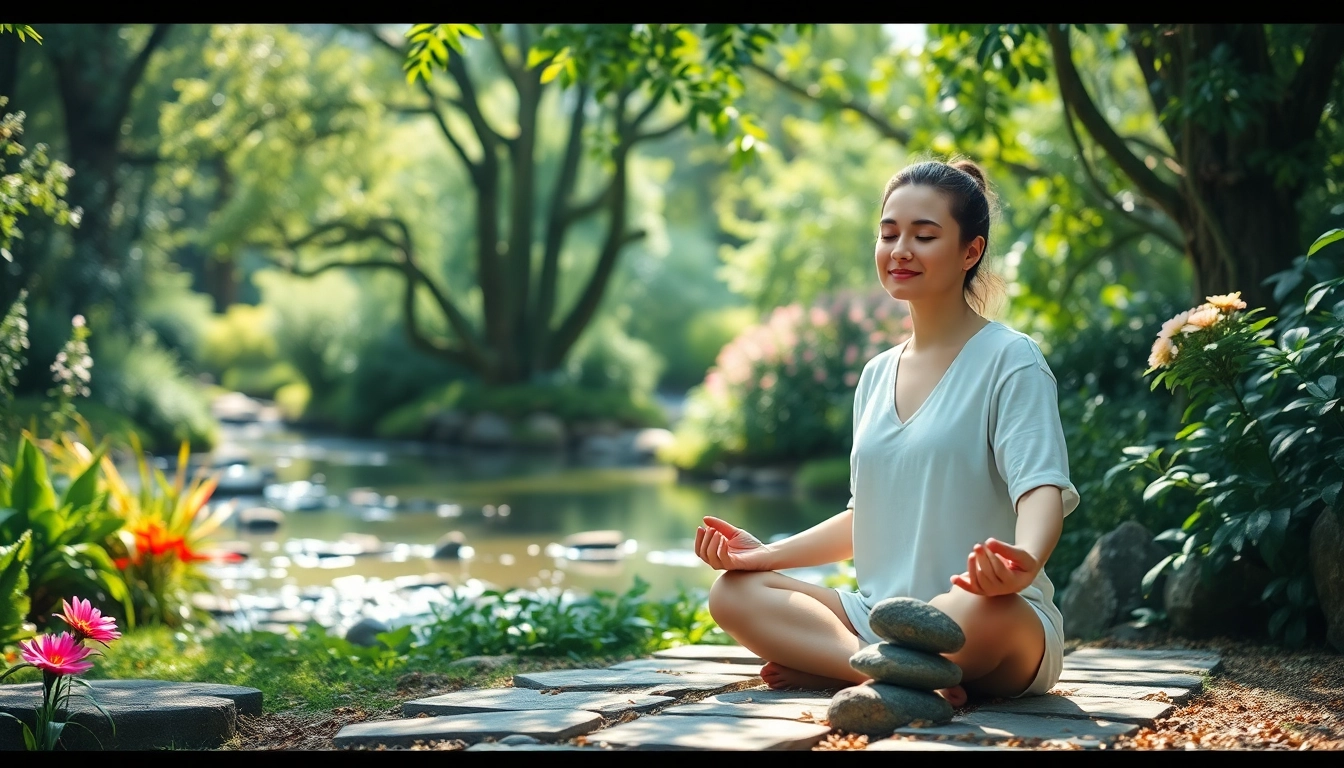 Promoting emotional wellbeing through meditation in a tranquil garden setting.