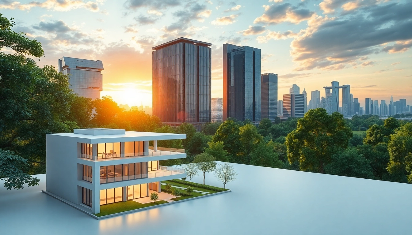 Visualisierung architektur in einem futuristischen Stadtbild mit modernen Gebäuden und grünem Umfeld.