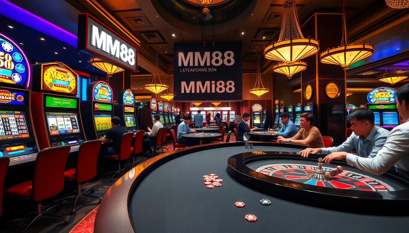 Experience excitement at MM88 casino with players enjoying high-stakes poker and vibrant slot machines.