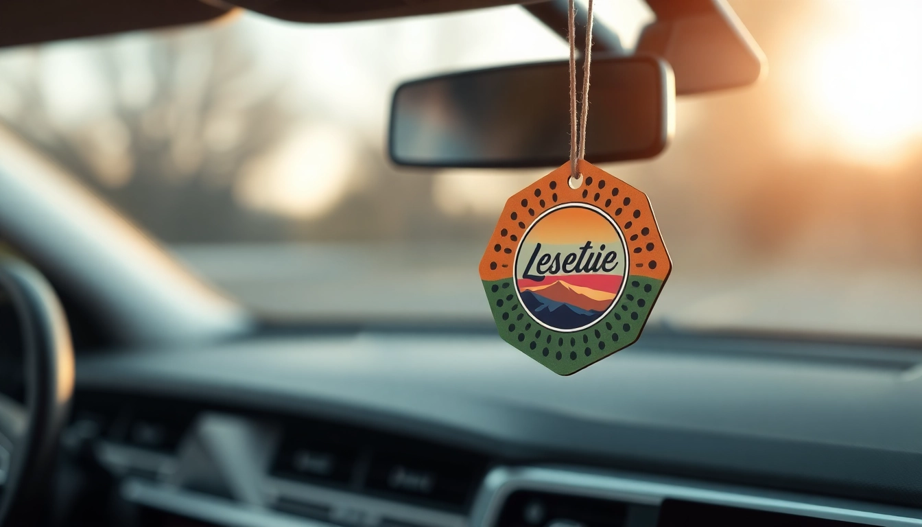 Duftbaum mit Logo im eleganten Autositz, der frisch und ansprechend aussieht.