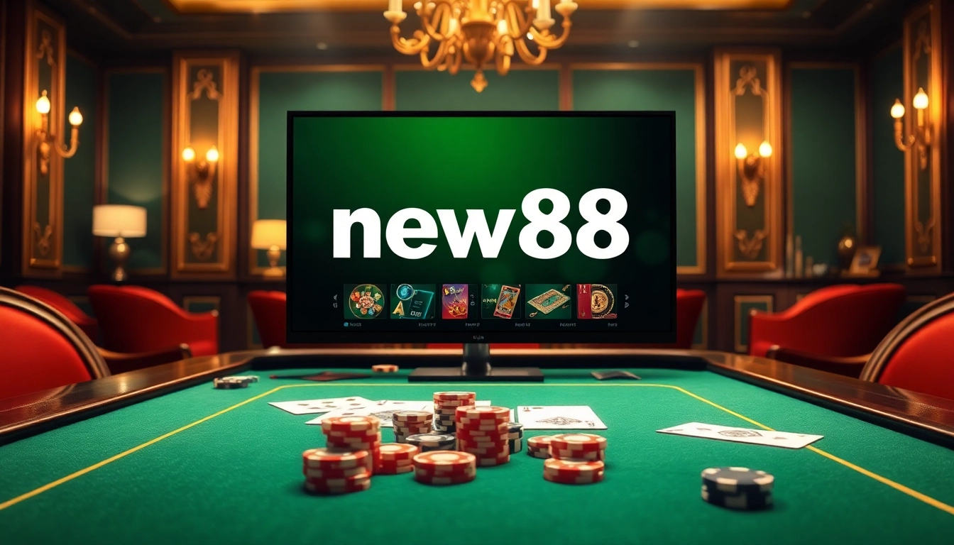 An engaging scene showing new88 đăng nhập at a luxurious online casino, featuring a poker table, chips, and a warm ambiance.