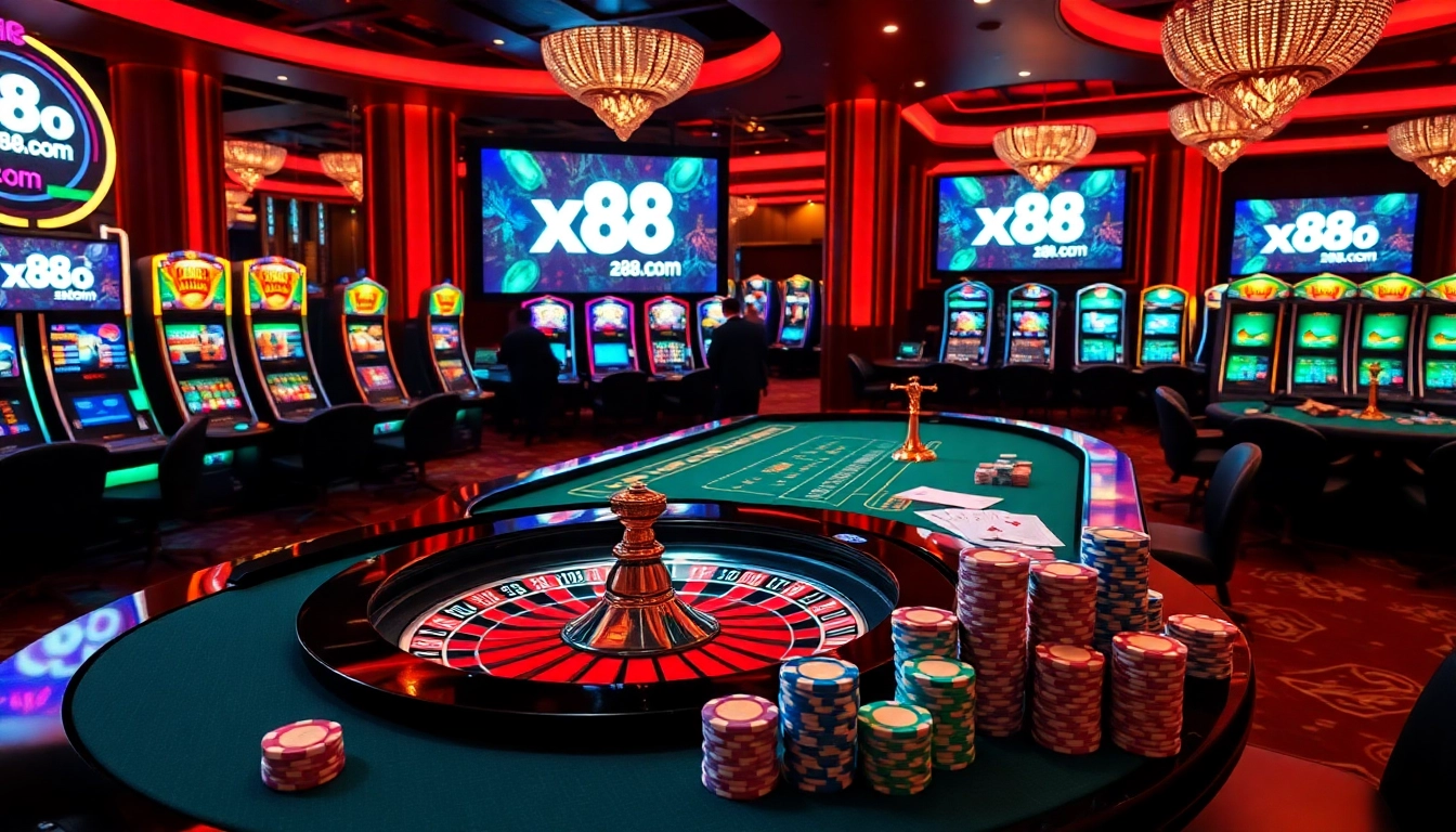 Players experiencing the excitement of gambling at x88.com with vibrant casino tables and online interfaces.