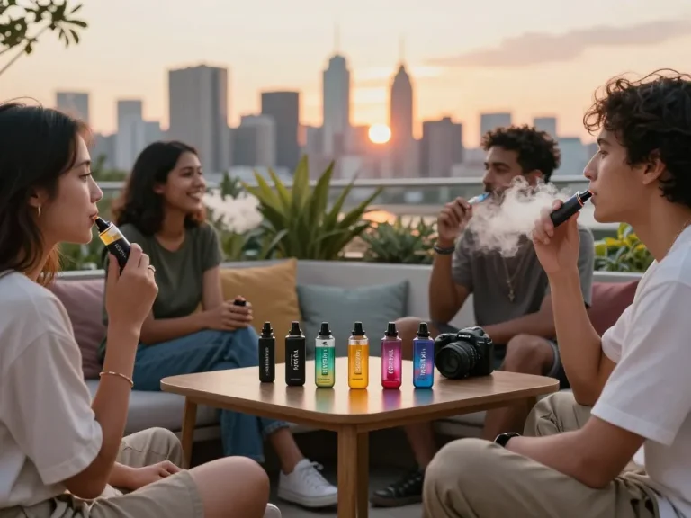Al Fakher 30K Hypermax in einer lebhaften Outdoor-Dampfszene mit Freunden.