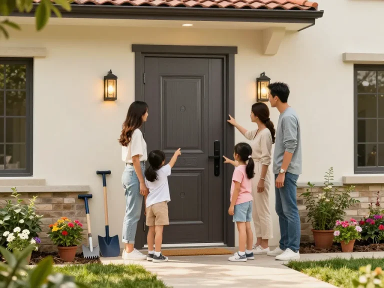 Familie diskutiert ein modernes Haustürdesign in ihrem gestalteten Garten, das die Renovierung des Hauses hervorhebt.