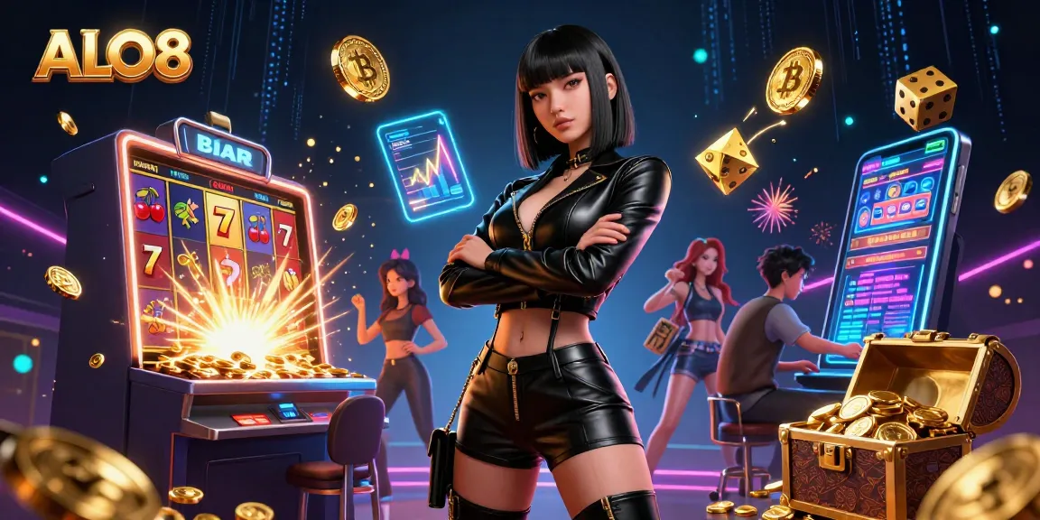 Experience thrilling gameplay at ALO8 with a vibrant 3D casino scene exploding with slots and prizes.