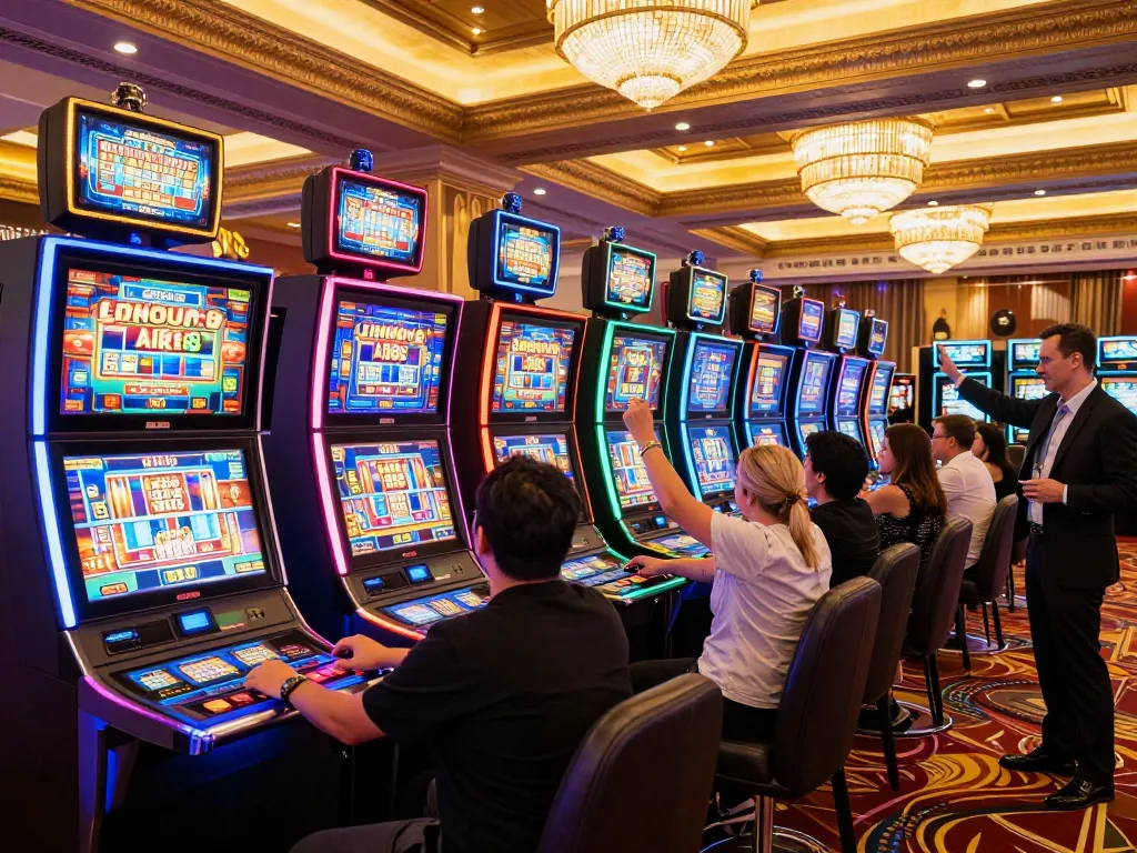Players celebrating wins at TR88 casino, vibrant slot machines shining in the background