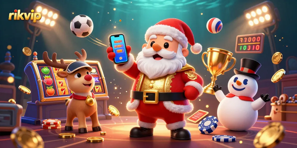Engage with rikvip's thrilling slots and sports betting in a vibrant casino-themed illustration.