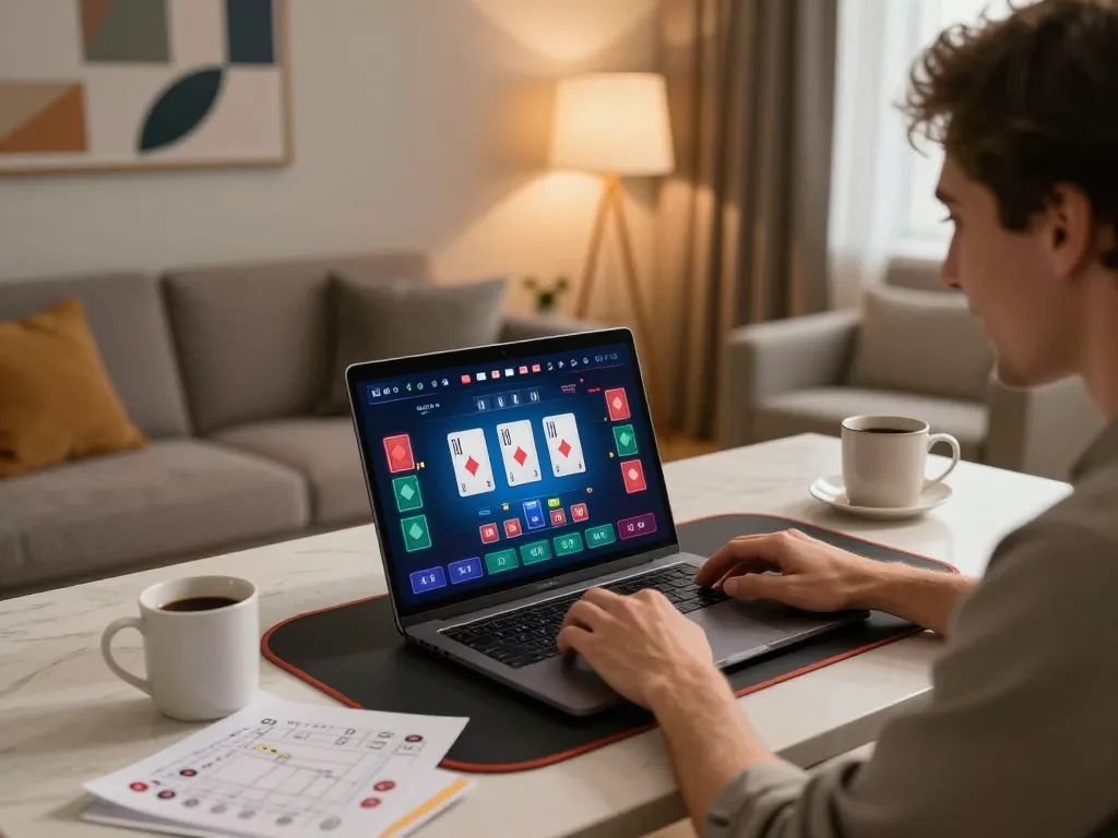 Engaging in poker gameplay on a sleek laptop, showcasing 33Win luxury online gaming experience in a stylish home setting