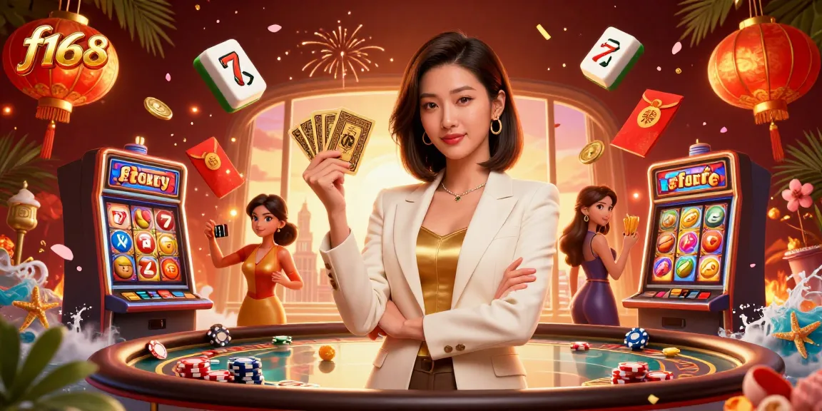 Experience thrilling f168 gameplay with a confident businesswoman showcasing winning cards amidst a vibrant casino atmosphere.