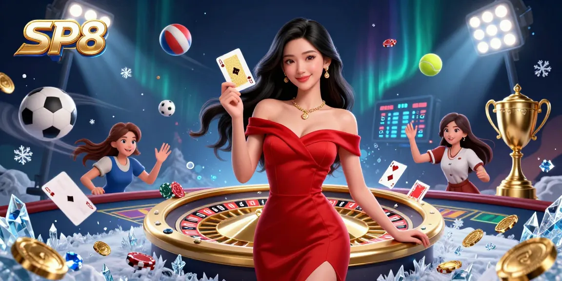 Experience the excitement of SP8 casino gaming with a stunning illustration of a confident woman beside a golden roulette wheel.