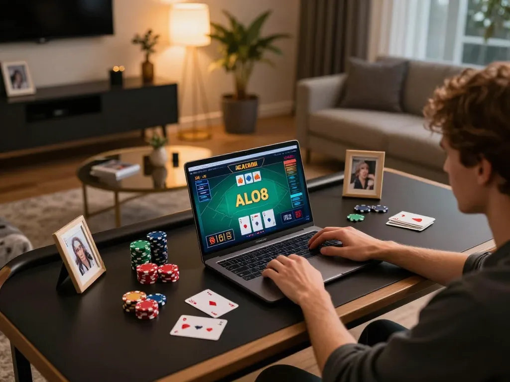 Engaging in ALO8 online gaming at a stylish home setup with laptop and poker elements.