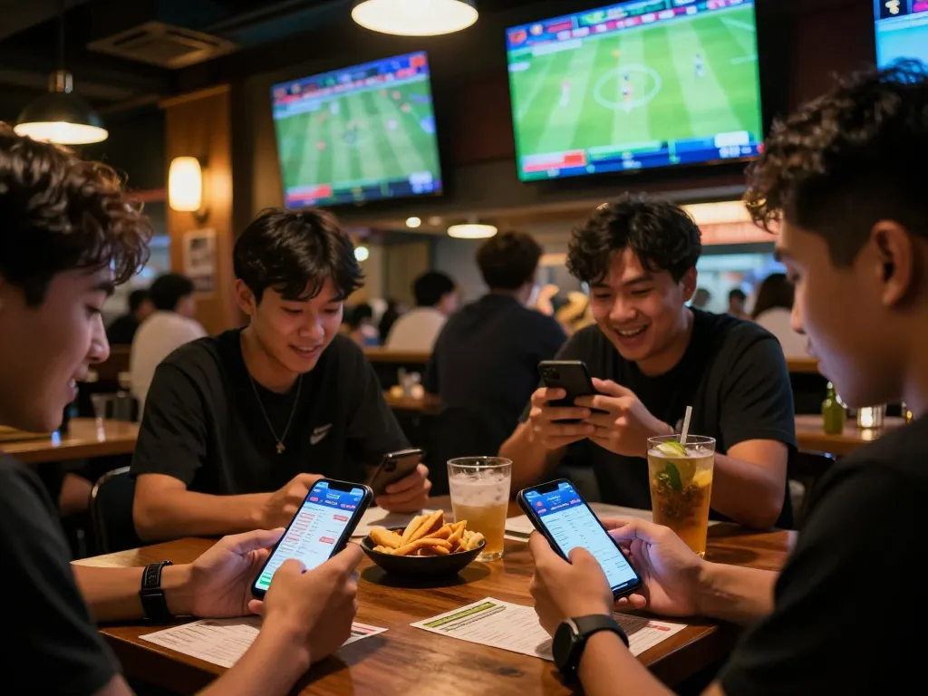 Excited patrons placing แทงบอล bets in a vibrant sports bar atmosphere full of screens.