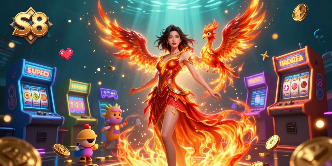 Experience S8's vibrant casino energy with fiery characters, slot reels, and golden coins in stunning detail.