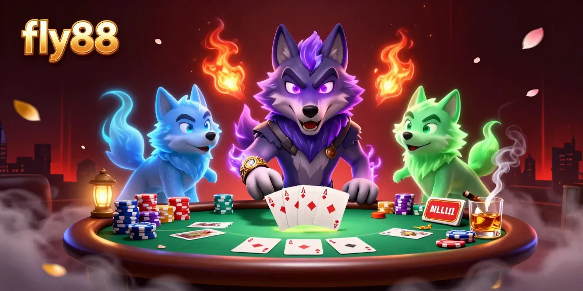 Experience thrilling poker action with fly88's captivating wolf-themed casino illustration.
