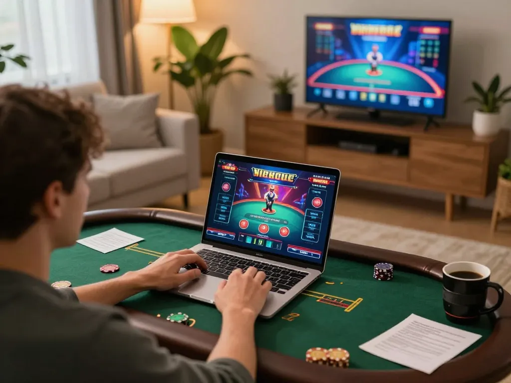 Player engaging with o8net3 online casino interface, surrounded by cozy home decor and gaming strategy