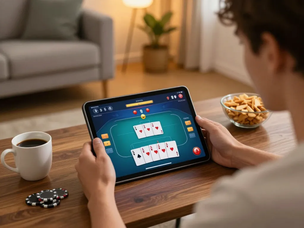 79KING player engaging in a poker game on tablet, showcasing a cozy home gaming environment