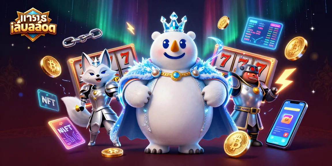 Spin to win with ทดลองเล่นสล็อต as a cartoon polar bear and snow fox engage in a vibrant casino scene.