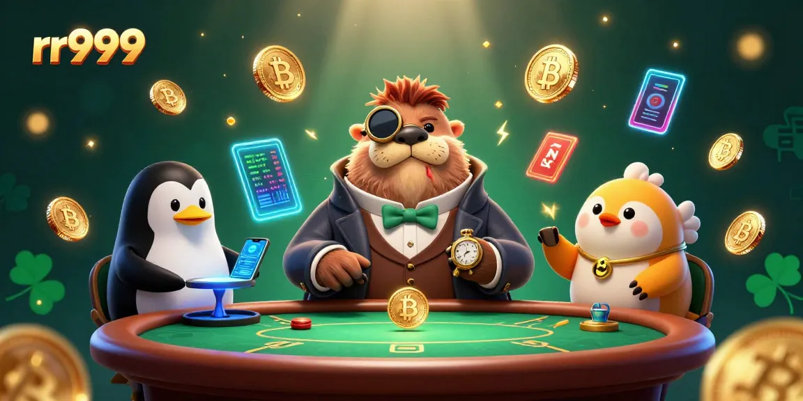Engage in thrilling gameplay at rr999 with this cartoon illustration of a walrus, penguin dealer, and pufferfish player.
