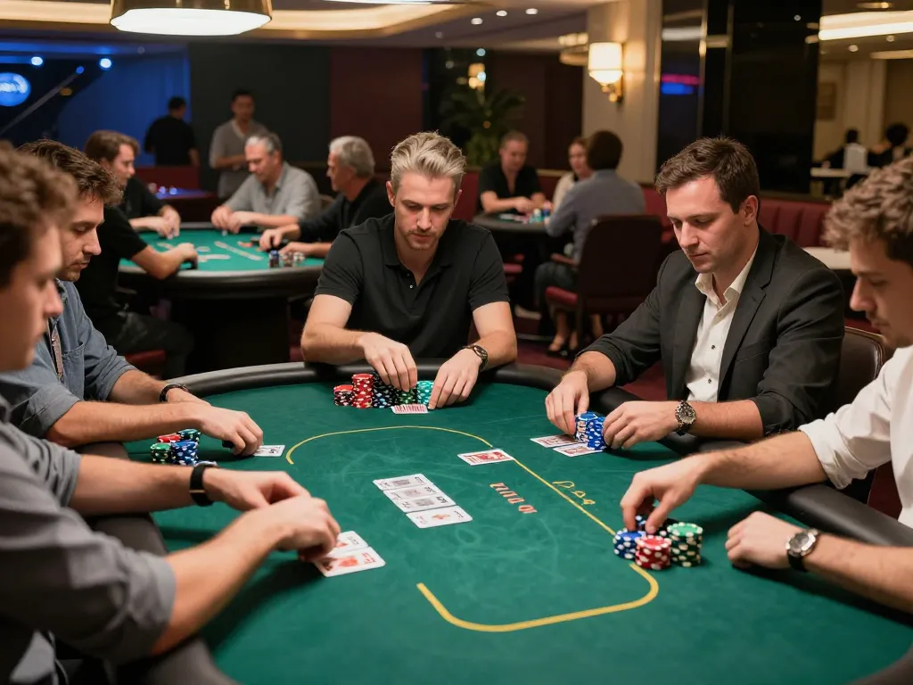 Players strategizing in an intense poker game at f168's upscale casino.