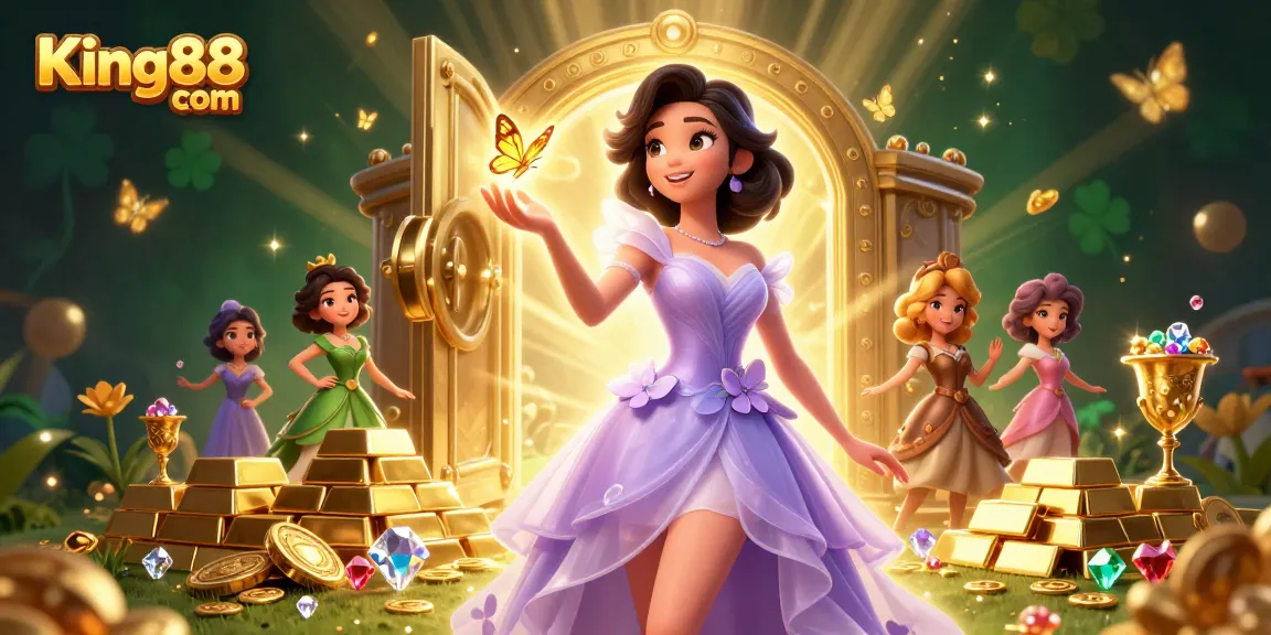 Experience the elegance at King88 com with shining jackpots and golden treasures in a vibrant casino scene.