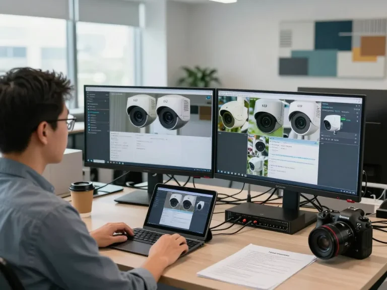 Kamera-Setup in einem modernen Büro, das die Konfiguration der Synology Surveillance Station mit mehreren IP-Kameras auf Bildschirmen zeigt.