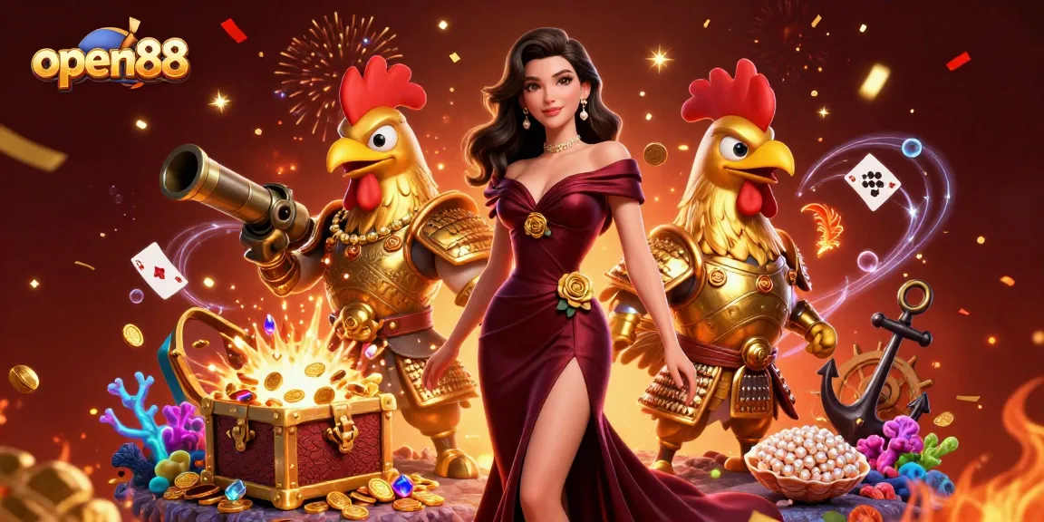 Experience the excitement of open88, with a glamorous woman and a golden rooster warrior amidst vibrant casino elements.
