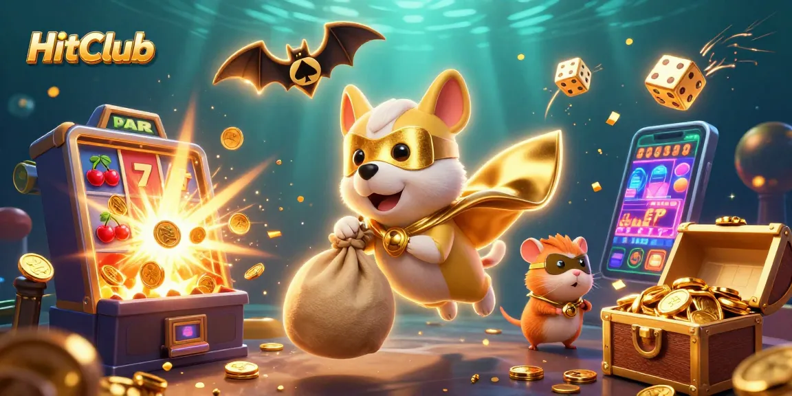 HitClub's thrilling gaming adventure featuring a superhero dog and hamster amidst casino symbols and excitement.