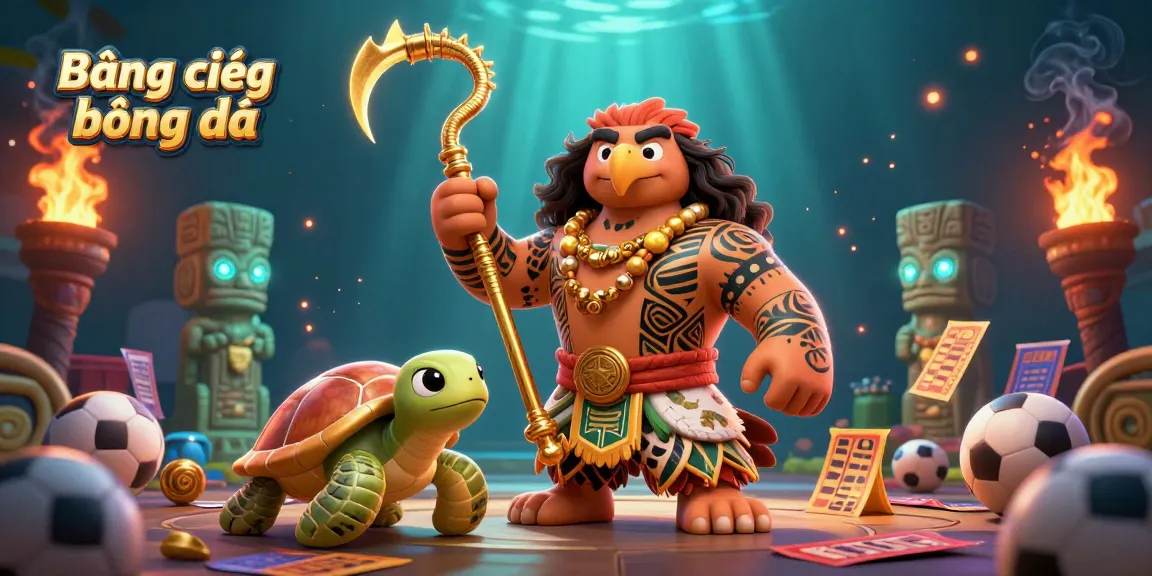 Bảng xếp hạng bóng đá scene dynamic with sports betting elements featuring cartoon demigod and turtle.