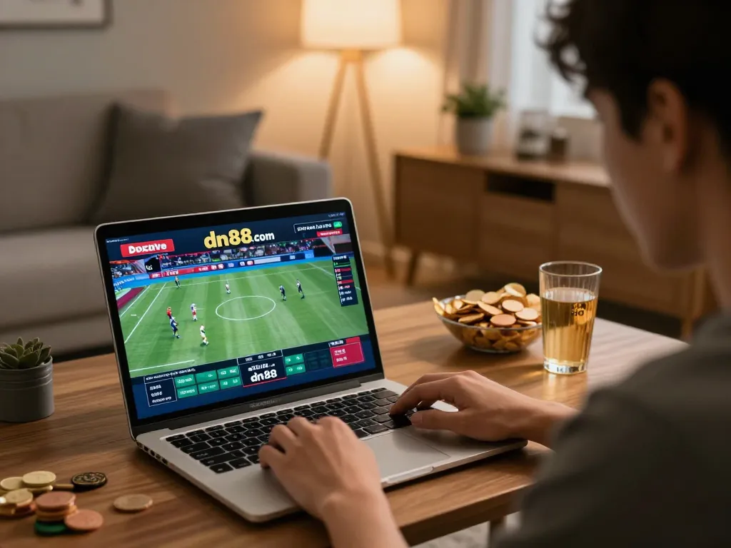 Engaged bettor using dn88 com on laptop screen, surrounded by cozy home elements for an immersive experience